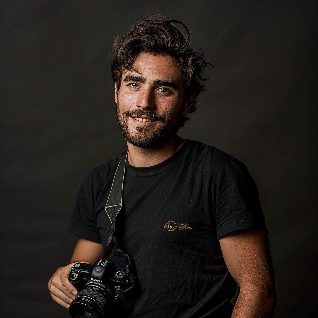 Young man with short, tousled hair and a beard stands next to a professional camera on a tripod. Dressed in a black t-shirt with a small logo on the chest, he smiles at the camera, embodying the confident demeanor of an experienced videographer. The background is dark and plain.