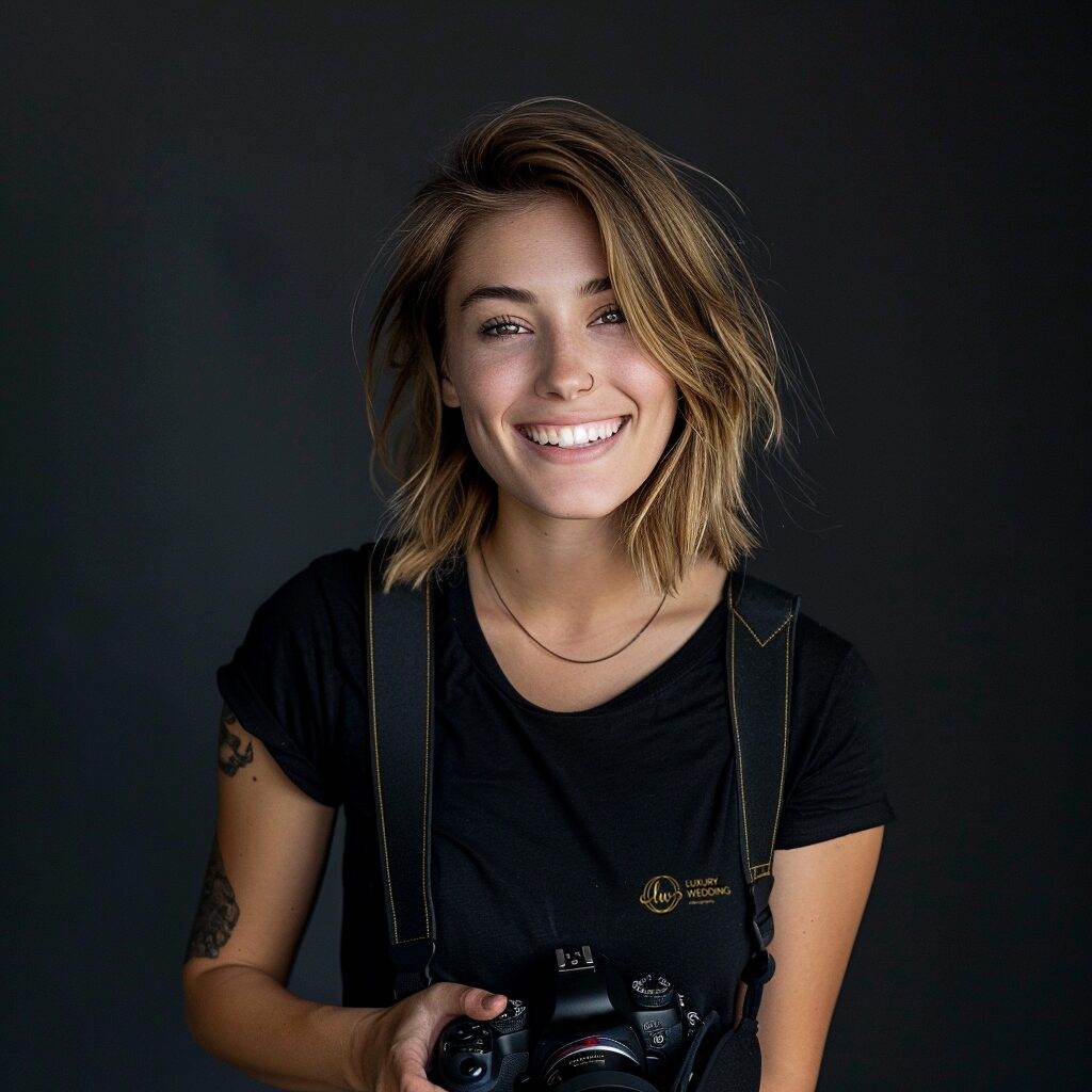 A smiling person with shoulder-length hair holds a camera in their hands. They are wearing a black shirt and have tattoos on their arm. The background is dark, which highlights their bright, cheerful expression.