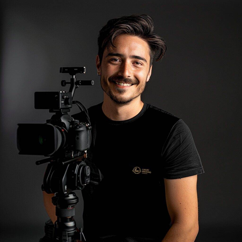 Young man with short, tousled hair and a beard stands next to a professional camera on a tripod. Dressed in a black t-shirt with a small logo on the chest, he smiles at the camera, embodying the confident demeanor of an experienced videographer. The background is dark and plain.